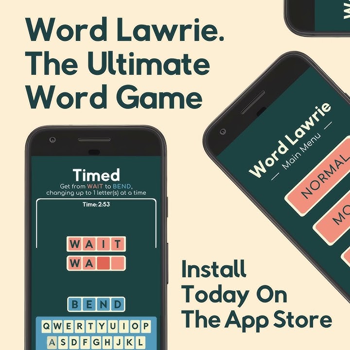 Word Lawrie release artwork showing gameplay and main-menu screens on phones